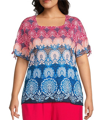 Allison Daley Plus Size Pomegranate Damask Floral Border Print Short Ruched Tie Sleeve Square Neck Knit Top
