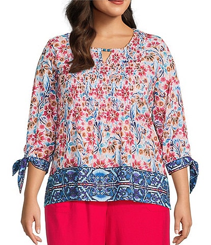 Allison Daley Plus Size Pomegranate Floral Vine Border 3/4 Tie Sleeve Keyhole Neck Knit Top