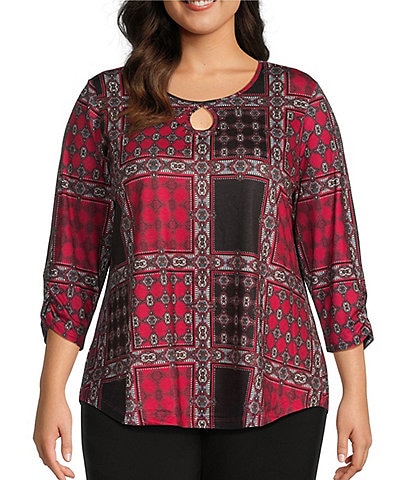 Allison Daley Plus Size Royal Medallion Patch 3/4 Sleeve Keyhole Neck Knit Top