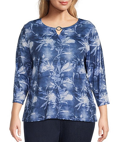 Allison Daley Plus Size Shadow Floral 3/4 Sleeve Keyhole Neck Knit Top