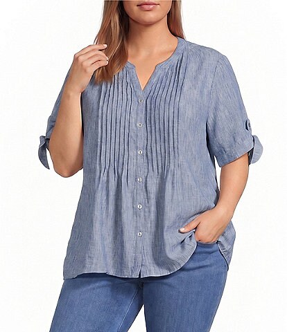 Allison Daley Plus Size Short Tie Sleeve Button Front Y-Neck Top