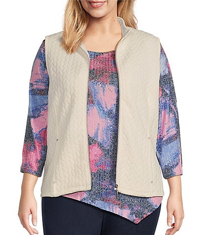 Allison Daley Plus Size Sleeveless Full Zip Up Embellished Cable Knit Quilted Vest