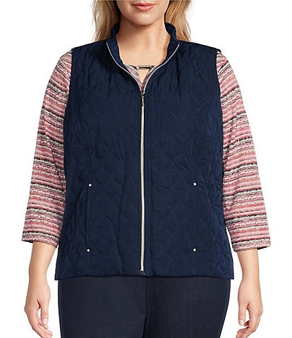 Allison Daley Plus Size Sleeveless Full Zip Up Embellished Diamond Woven Quilted Vest