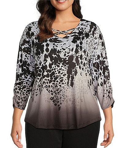 Allison Daley Plus Size Spots Border Print 3/4 Ruched Sleeve Criss-Cross Embellished V-Neck Knit Top