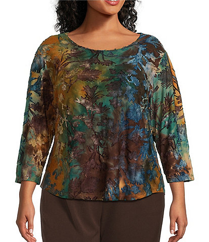 Allison Daley Plus Size Spruce Tie Dye Print 3/4 Sleeve Crew Neck Knit Top