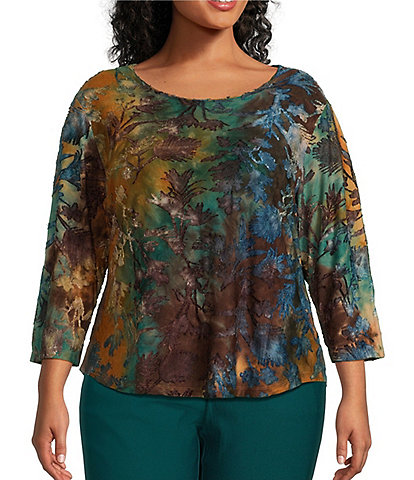 Allison Daley Plus Size Spruce Tie Dye Print 3/4 Sleeve Crew Neck Knit Top