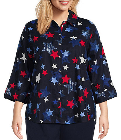 Allison Daley Plus Size Star Print 3/4 Roll Tab Sleeve Point Collar Button Front Top
