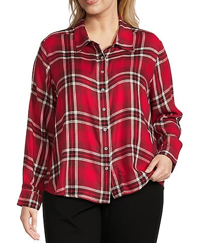 Allison Daley Plus Size Tango Red Ombre Plaid Long Sleeve Point Collar Button Front Shirt