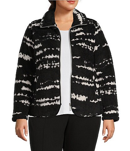 Allison Daley Plus Size Textured Stripe Print Sherpa Fleece Long Sleeve Zip Front Jacket