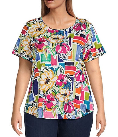 Allison Daley Plus Size Tile Bouquet Print Embellished Short Sleeve Crew Neck Art Tee Shirt