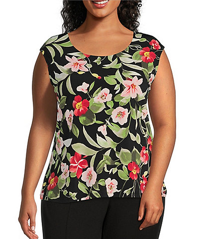 Allison Daley Plus Size Tropical Lily Print Sleeveless Coordinating Knit Top