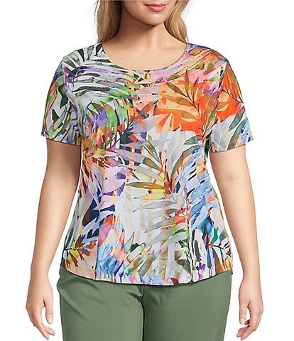 Allison Daley Plus Size Tropical Melange Print Short Sleeve Crew Neck Knit Top