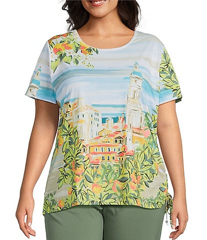 Allison Daley Plus Size Tuscan Village Print Short Sleeve Side Ruched Knit Top