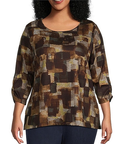 Allison Daley Plus Size Watercolor Check Print Embellished 3/4 Ruched Sleeve Crew Neck Abstract Tee Shirt