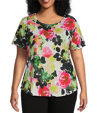 Allison Daley Plus Size Watercolor Rose Print Embellished Short Sleeve Crew Neck Art Tee Shirt