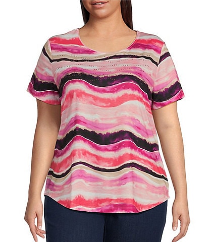 Allison Daley Plus Size Wave Stripe Print Embellished Short Sleeve Crew Neck Art Tee Shirt