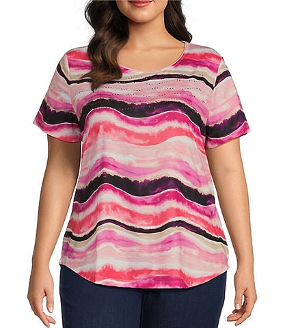 Allison Daley Plus Size Wave Stripe Print Embellished Short Sleeve Crew Neck Art Tee Shirt