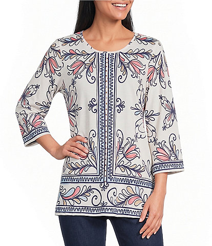 Allison Daley Plus Sze Multi Floral Muse Print 3/4 Bell Sleeve Crew Neck Top