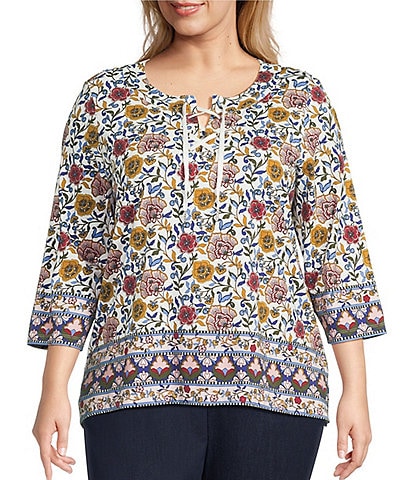 Allison Daley Plus Vintage Bloom Border Print 3/4 Ruched Sleeve Tie Neck Knit Top