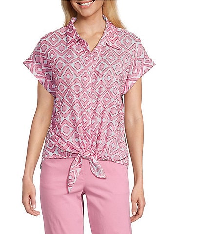 Allison Daley Pomegranate Clip Jacquard Short Sleeve Button Front Cotton Blouse