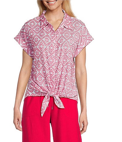Allison Daley Pomegranate Clip Jacquard Short Sleeve Button Front Cotton Blouse