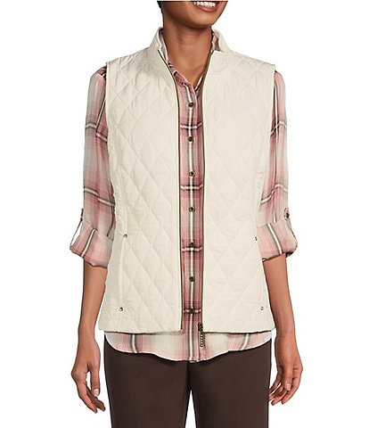 Allison Daley Quilted Woven Stand Collar Zip Front Vest