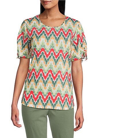 Allison Daley Serrated Ikat Print Short Ruched Tie Sleeve Crew Neck Slub Jersey Knit Top