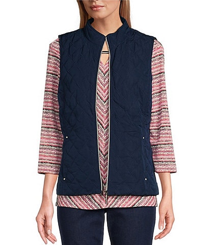 Allison Daley Sleeveless Full Zip Up Embellished Diamond Woven Quilted Vest