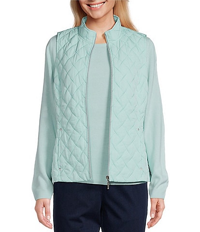 Allison Daley Sleeveless Full Zip Up Embellished Diamond Woven Quilted Vest