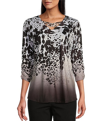 Allison Daley Spots Border Print 3/4 Ruched Sleeve Crisscross Embellished V-Neck Knit Top