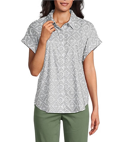 Allison Daley Spring Sage Clip Jacquard Short Sleeve Button Front Cotton Blouse