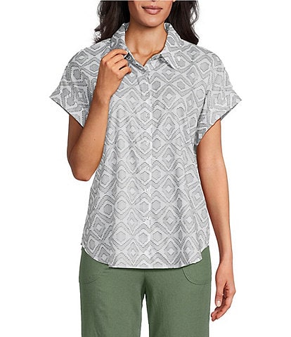 Allison Daley Spring Sage Clip Jacquard Short Sleeve Button Front Cotton Blouse