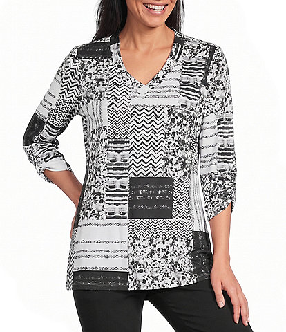 Allison Daley Texture Patchwork Print 3/4 Sleeve V-Neck Knit Top