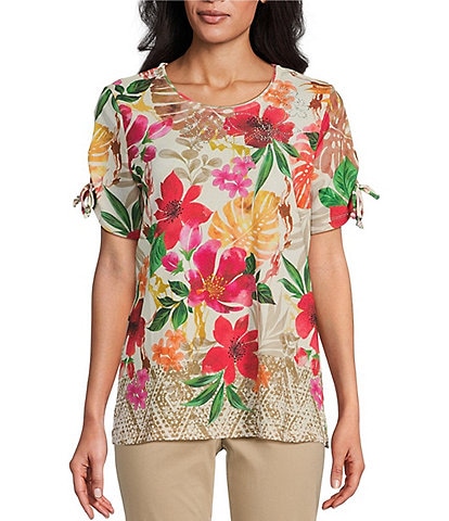 Allison Daley Tropical Floral Border Print Short Tie Ruched Sleeve Crew Neck Gauze Knit Top