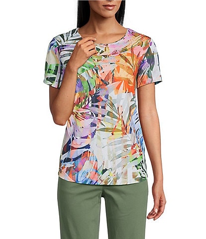Allison Daley Tropical Melange Print Short Sleeve Crew Neck Knit Top