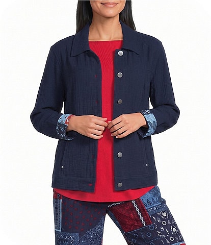 Allison Daley True Navy Bandana Long Sleeve Button Front Soft Jacket
