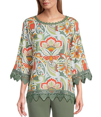 Allison Daley Vintage Paisley Print 3/4 Sleeve Crew Neck Lace Detail Linen Blend Blouse