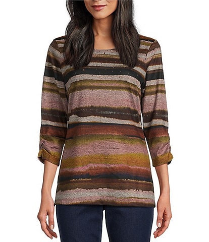 Allison Daley Watercolor Stripe Print Embellished 3/4 Ruched Sleeve Crew Neck Abstract Tee Shirt