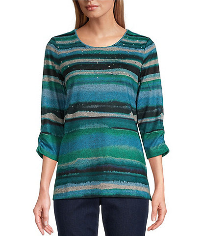 Allison Daley Watercolor Stripe Print Embellished 3/4 Ruched Sleeve Crew Neck Abstract Tee Shirt