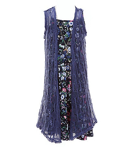 Ally B Big Girls 7-16 Floral Knit Sleeveless Tiered Dress with Cardigan and Necklace