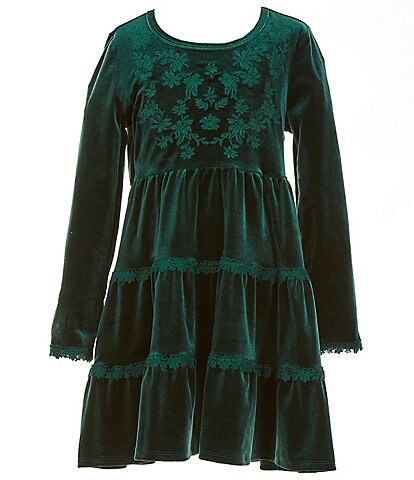 Ally B Big Girls 7-16 Long Sleeve Embroidered Tiered Velvet Fit-And-Flare Dress