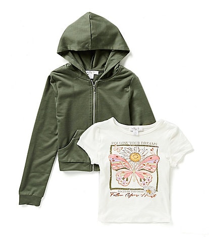 Ally B Big Girls 7-16 Long Sleeve Hooded Jacket & Short Sleeve Butterfly Screen Printed Tee