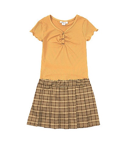 Ally B Big Girls 7-16 Short Sleeve 3 Button Henley With Merrow Edge Top and Plaid Skirt 2-Piece Set