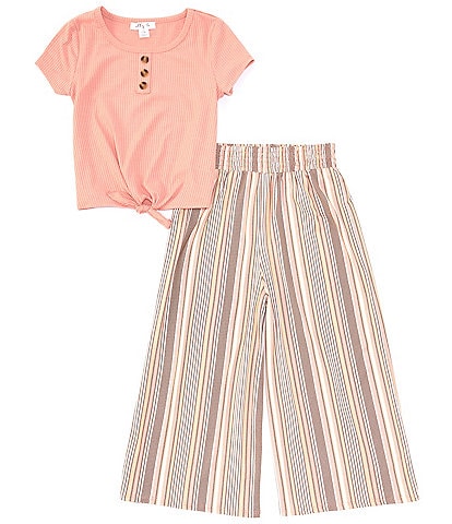 Ally B Big Girls 7-16 Short Sleeve Tie Front Ribbed Top & Striped Wide Leg Pant 2-Piece Set