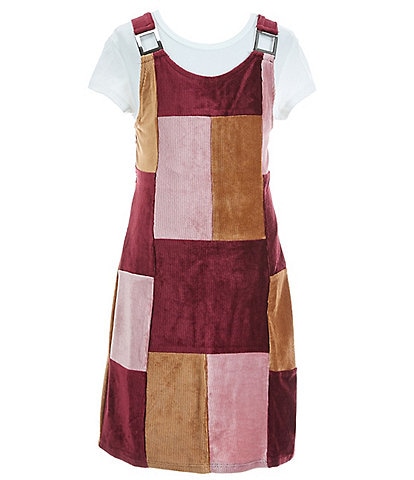 Ally B Big Girls 7-16 Sleeveless Color Block Patchwork Jumper Dress & Solid Short Sleeve T-Shirt Set