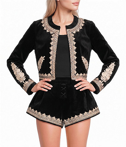 Amanda Uprichard Braswell Embroidered Round Neck Long Sleeve Coordinating Short Jacket