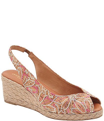 Andre Assous Audrey Floral Embroidered Cork Wedge Peep Toe Sandals