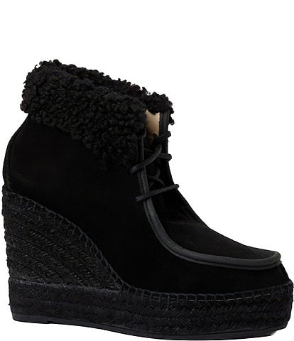 Andre Assous Charlotte Suede Faux Shearling Cuff Platform Wedge Booties