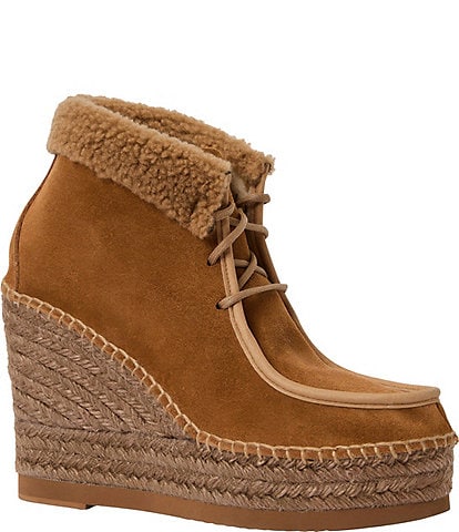 Andre Assous Charlotte Suede Faux Shearling Cuff Platform Wedge Booties