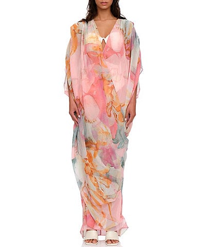 Andrea Iyamah Adi Print Kimono Sleeve V-Neck Mesh Caftan Swim Cover-Up